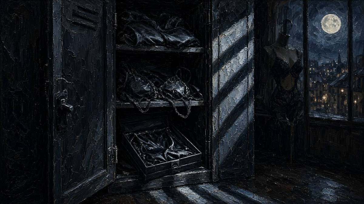 Oil painting 16:9: dark stockroom locker #7 opening, black silk box, moonlight stripe, suspenseful boutique night