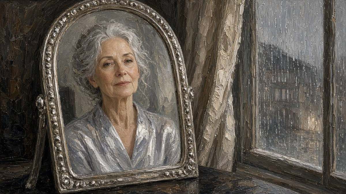 Oil painting 16:9: pocket mirror reflection of older twin-like woman in silver silk, rain stopped at window, surreal elegant oil
