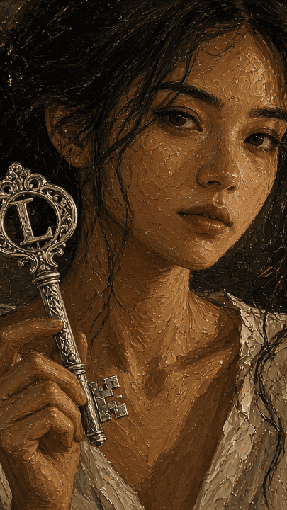 Oil painting 9:16: close portrait woman holding engraved key L, soft night lamp, mysterious expression, oil texture