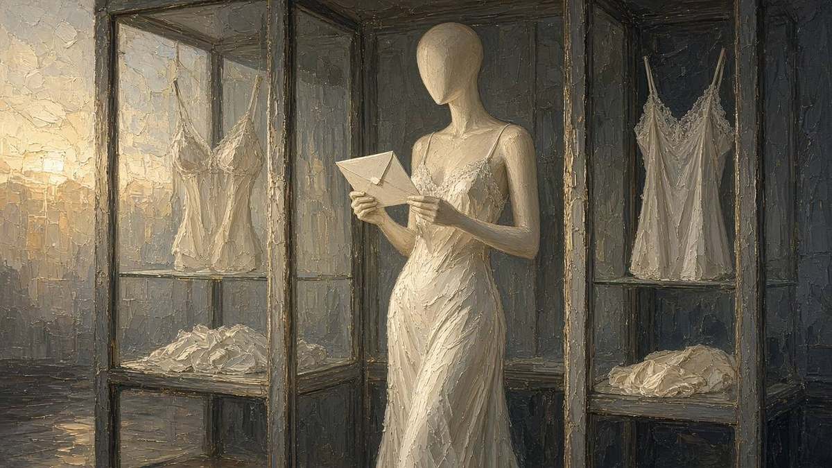 Oil painting 16:9: shop mannequin in ivory slip holding cream envelope, dawn light on glass cases, eerie elegant