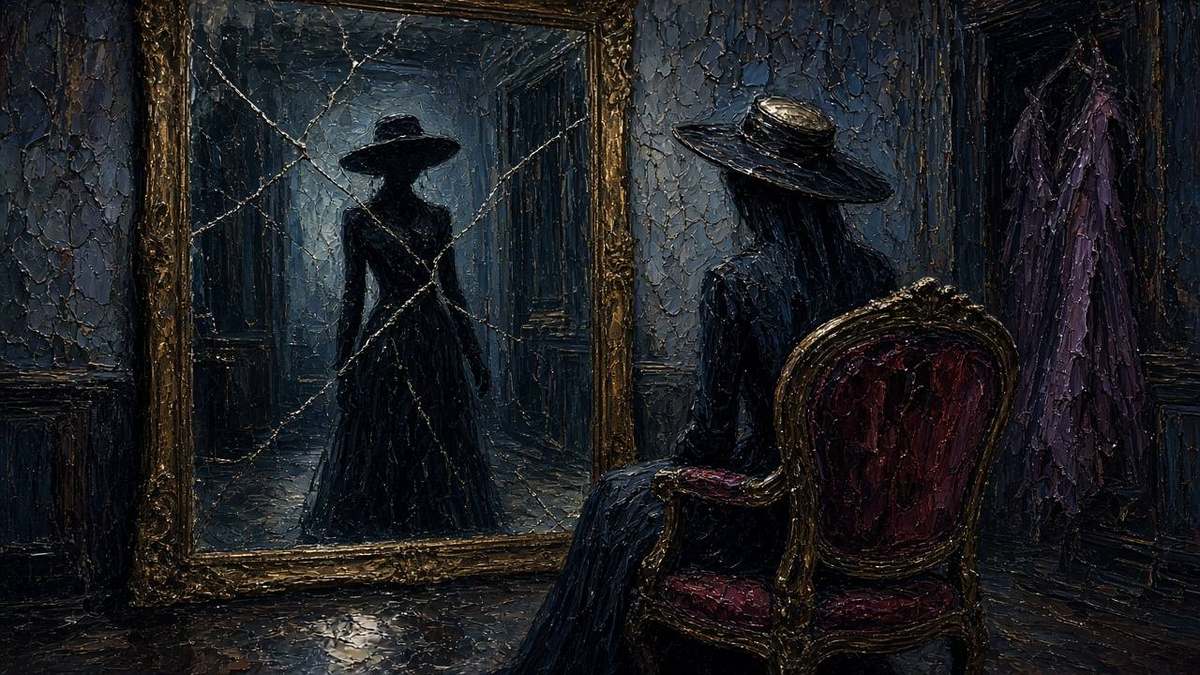 Oil painting 16:9: cracked fitting-room mirror, velvet chair, mysterious hat silhouette, boutique night suspense
