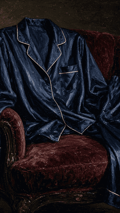 Oil painting 9:16: navy silk pajama set on chair with tag, dim fitting room, cinematic oil