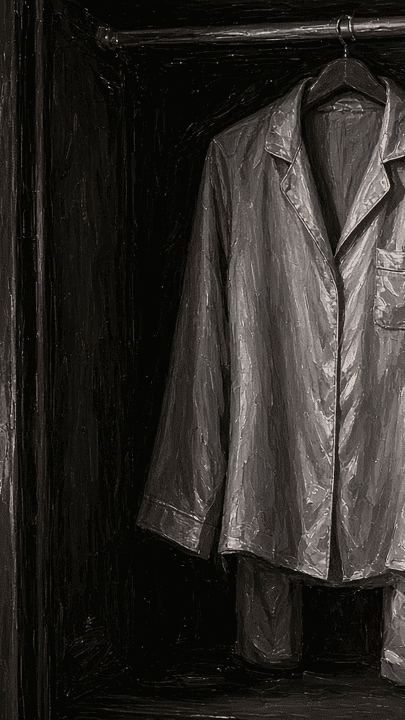 Oil painting 9:16: silver-gray silk pajamas hanging in hotel wardrobe, soft lamp, moody oil