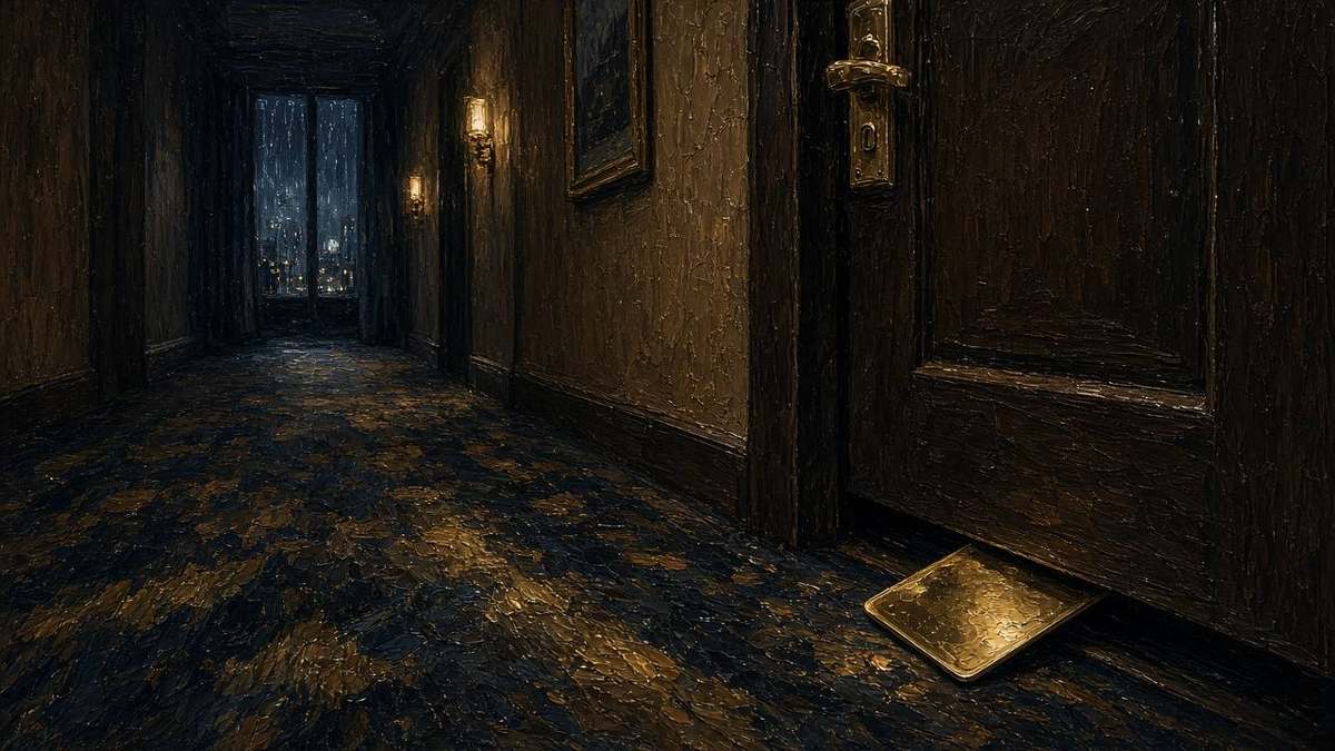 Oil painting 16:9: hotel door 1207 gap with gold card sliding under, carpet corridor, suspense painterly