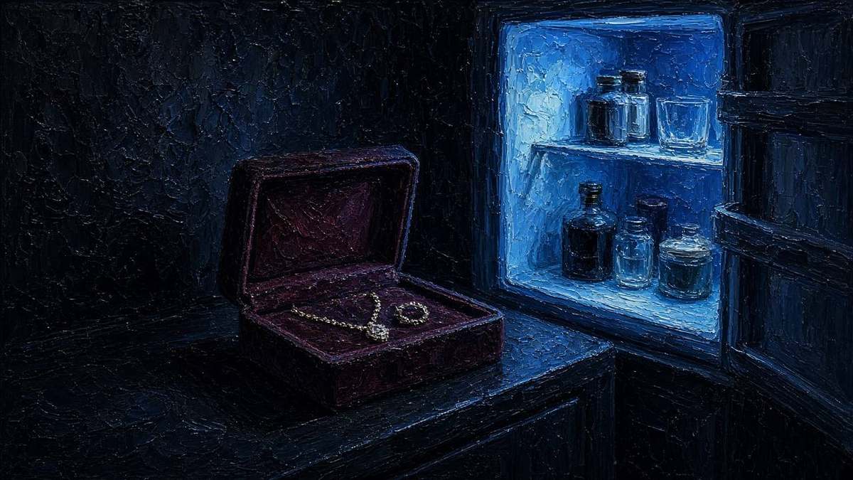 Oil painting 16:9: hotel minibar open revealing velvet box, blue fridge light, noir boutique mood