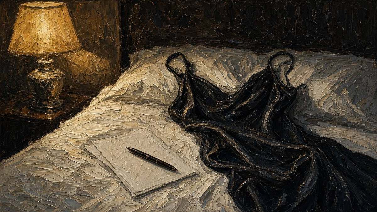 Oil painting 16:9: black slip dress laid on hotel bed with thin contract and pen, lamplight, decisive mood